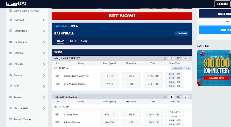 An image of the betting screen from BetUS, a popular online sportsbook for live betting on WNBA.